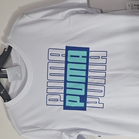 Puma Kids Tee Tank Shorts Set White and Blue Logo 3 Piece Set - Picture 2 of 11